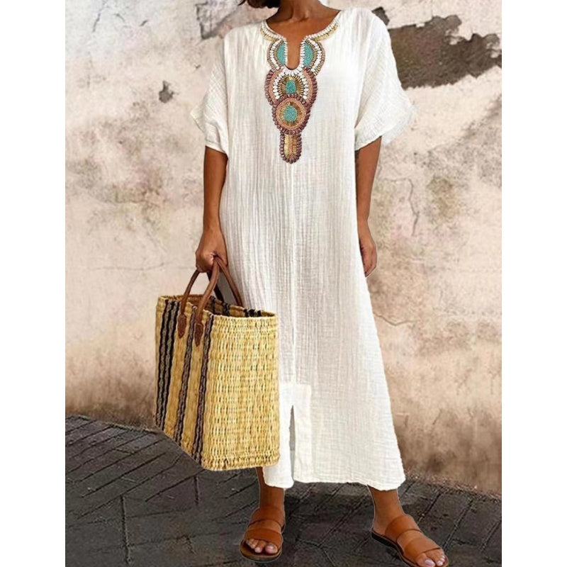 Blue embroidered linen blend maxi dress, a comfortable and chic option for resort wear