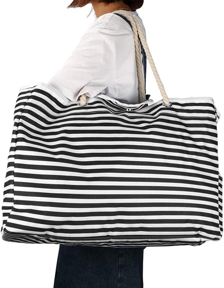 Women's extra large waterproof beach tote bag with a stylish striped design, perfect for vacation essentials.