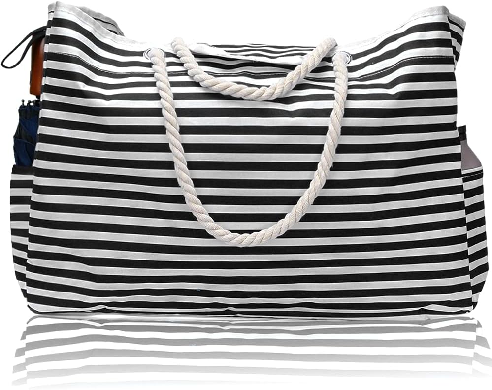 Close-up of durable waterproof material on a women's extra large beach tote bag with striped design.