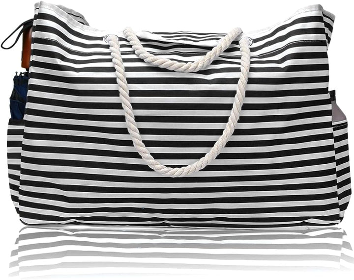 Close-up of durable waterproof material on a women's extra large beach tote bag with striped design.