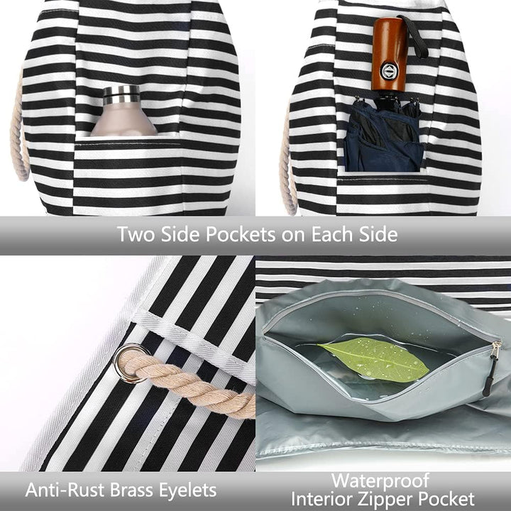 Stylish striped extra large waterproof beach tote, ideal for carrying all women's vacation and swim necessities.