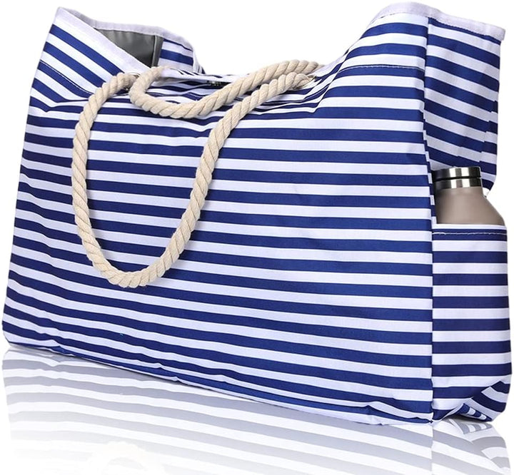 Striped waterproof extra large beach tote bag, perfect for a women's vacation, swim or utility use.