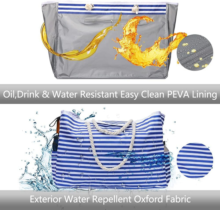 Women's extra large waterproof beach tote with matching travel pouch, shown packed with beach essentials.
