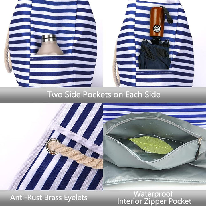 Front view of the CoastCarry extra large waterproof beach tote, featuring a trendy striped pattern.