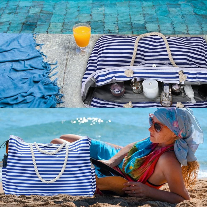 Beach-ready extra large waterproof tote bag with strong handles, ideal for women's travel and swim gear.