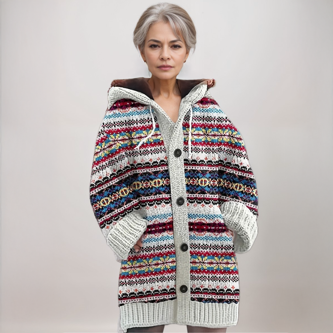 Women's Fair Isle hooded knit cardigan, full length, open, showing multicolor pattern, winter fashion