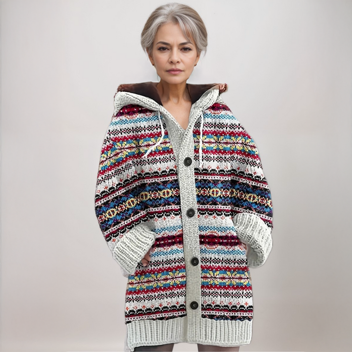 Women's Fair Isle hooded knit cardigan, full length, open, showing multicolor pattern, winter fashion