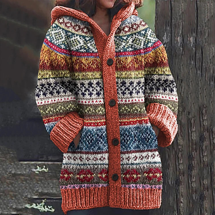 Hooded knit cardigan for women, Fair Isle design, worn casually, side view, ideal winter outerwear