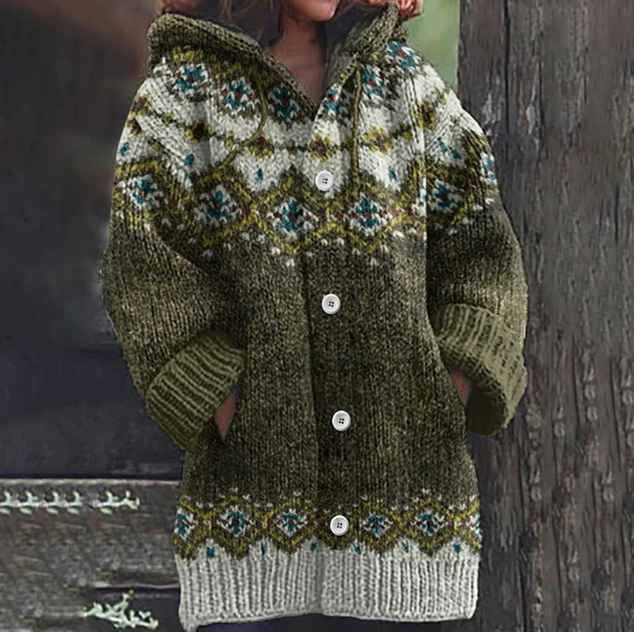 Back view of women's multicolor Fair Isle hooded knit cardigan, showcasing unique pattern and hood