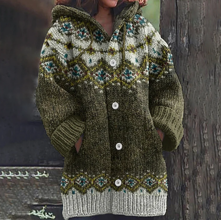 Back view of women's multicolor Fair Isle hooded knit cardigan, showcasing unique pattern and hood
