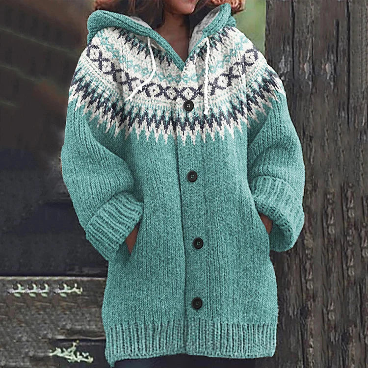 Stylish women's Fair Isle hooded cardigan, front closed, perfect for casual winter layering