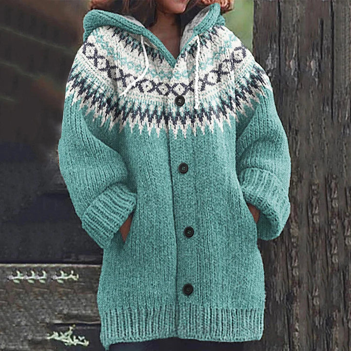 Stylish women's Fair Isle hooded cardigan, front closed, perfect for casual winter layering