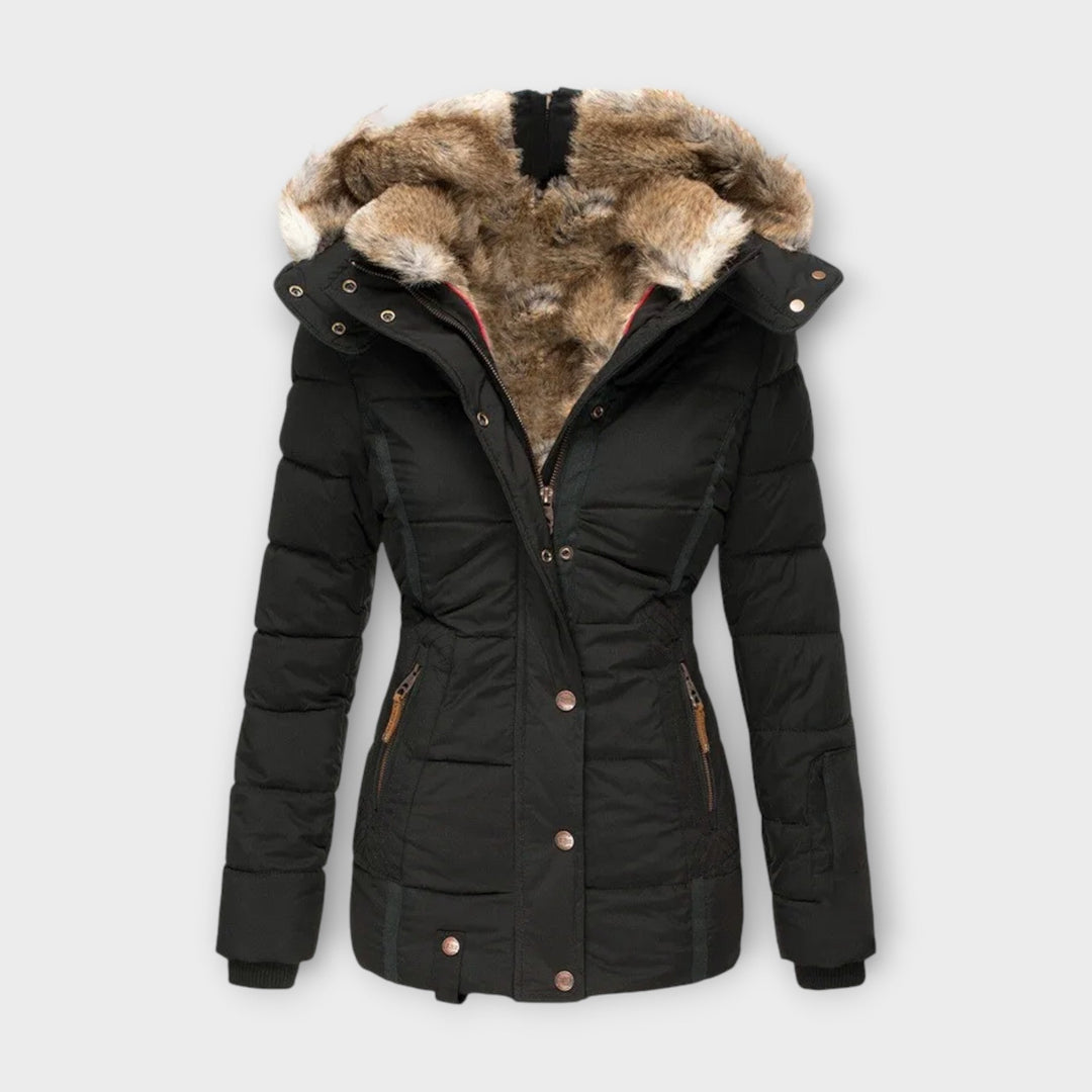 Women's faux fur-lined winter parka jacket in black, front view, for cold weather warmth