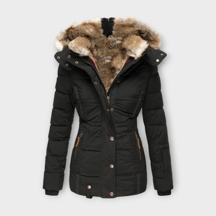 Women's faux fur-lined winter parka jacket in black, front view, for cold weather warmth
