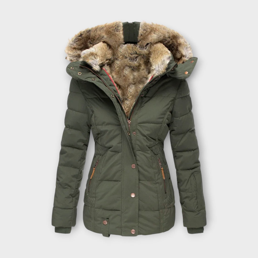 Stylish women's winter parka jacket with faux fur trim, side view, ideal for cold climates