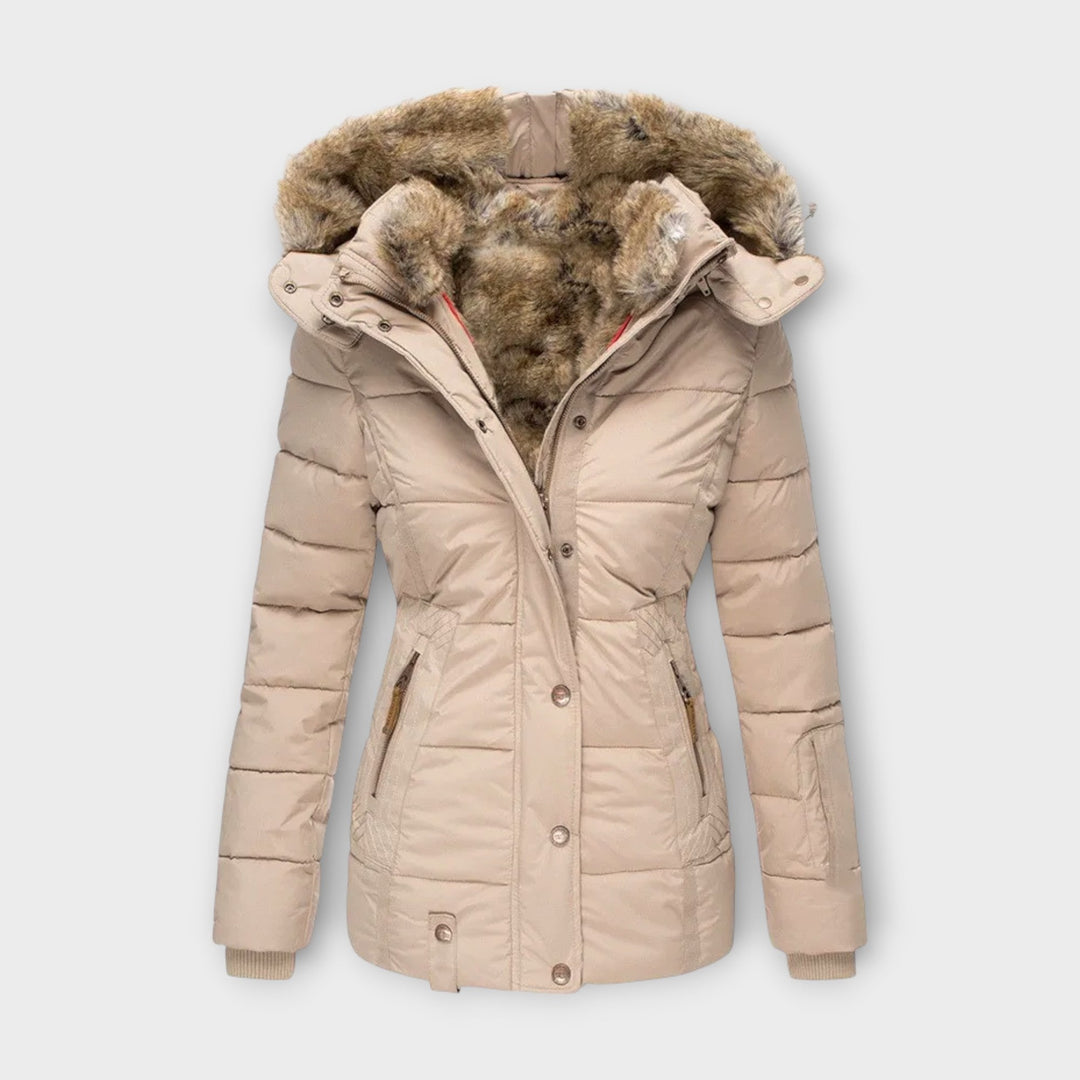 Back view of women's warm winter parka jacket, showcasing design and lined interior for comfort