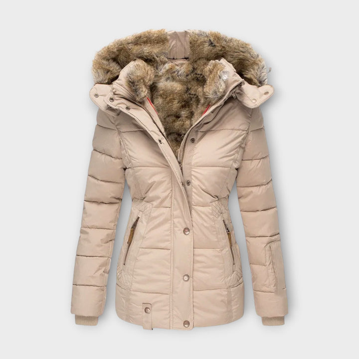 Back view of women's warm winter parka jacket, showcasing design and lined interior for comfort