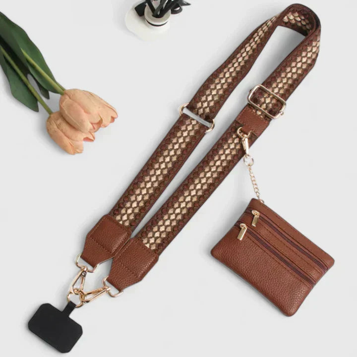 Women's fashion crossbody phone holder showcasing adjustable strap and compact design.