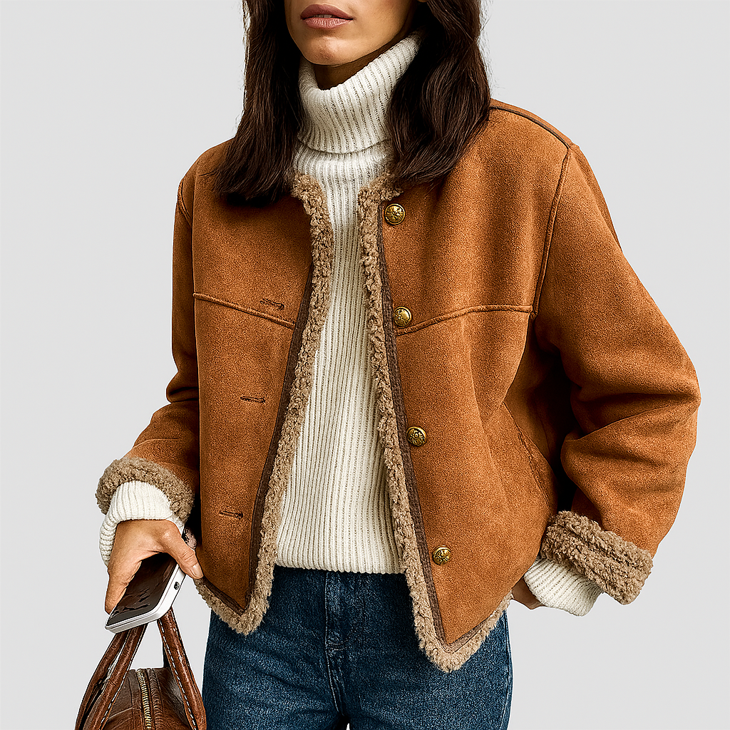 Women's faux shearling button-up jacket, cream, front view, cozy winter outerwear