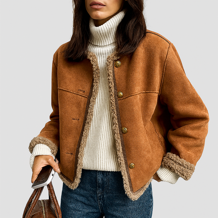 Women's faux shearling button-up jacket, cream, front view, cozy winter outerwear