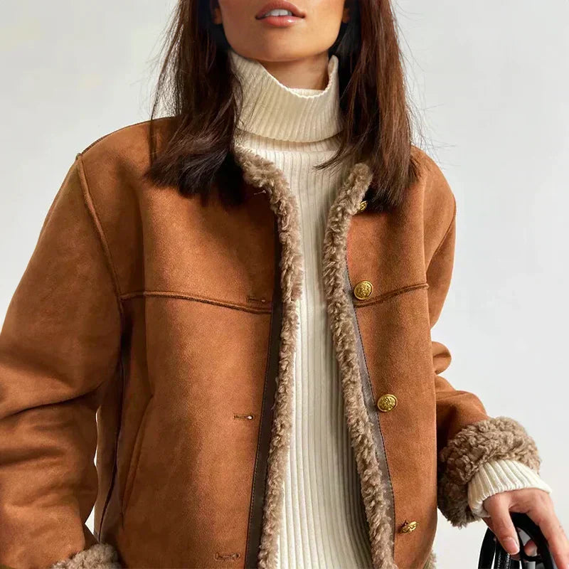 Cream faux shearling women's jacket, detail of soft texture and buttons, outerwear