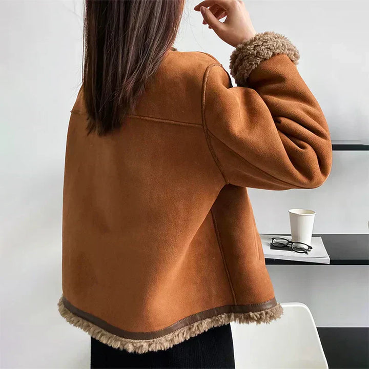 Stylish women's button-up shearling jacket, long sleeve, perfect for winter warmth