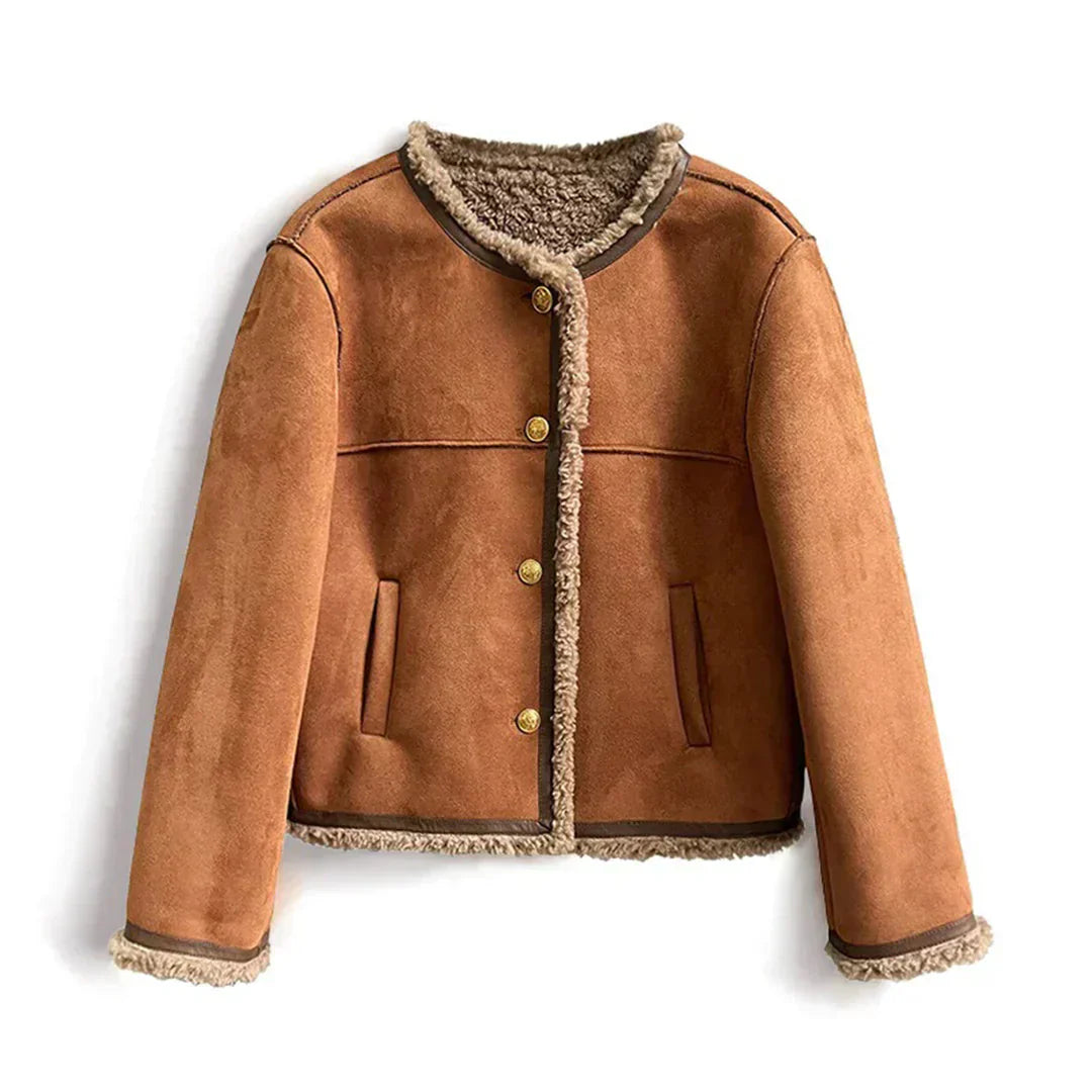 Women's warm faux shearling coat, buttoned up, ideal for cold weather, chic style