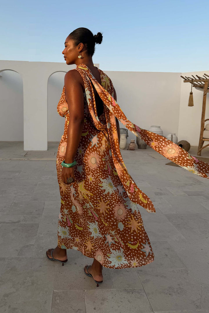 Women's occasion dress: elegant fawn print cowl neck halter maxi. Brown flowy house dress with low back.