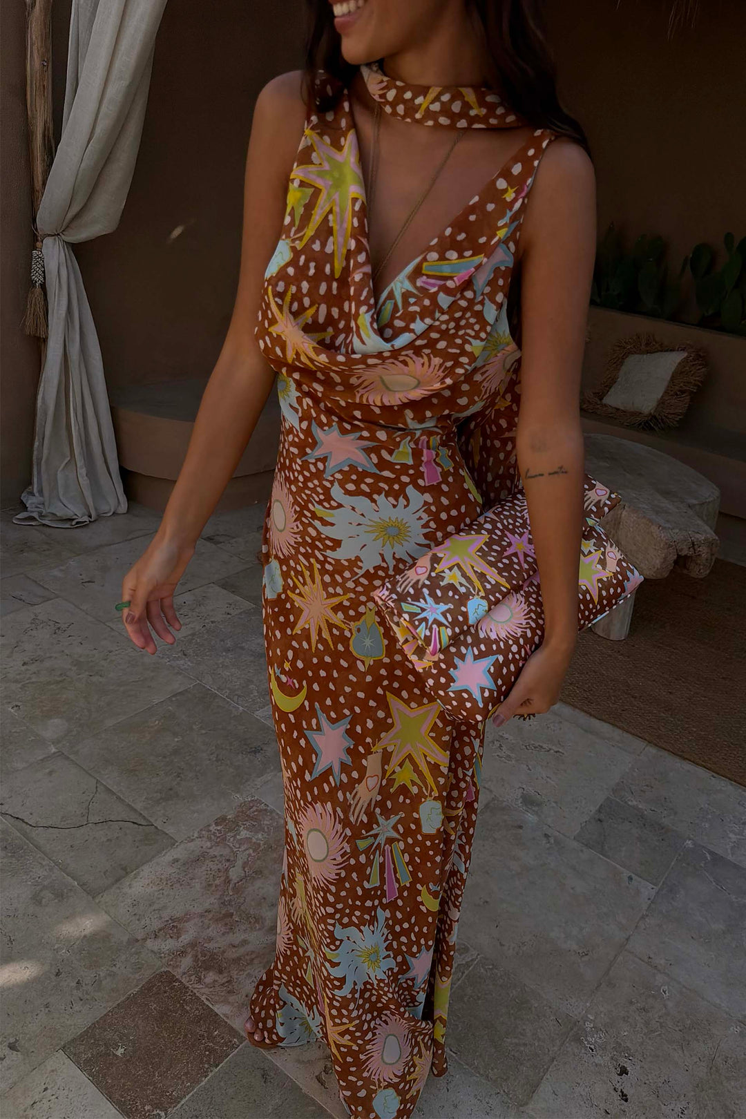 Fawn print low back maxi dress for women. Elegant cowl neck halter house dress, perfect for summer resort.