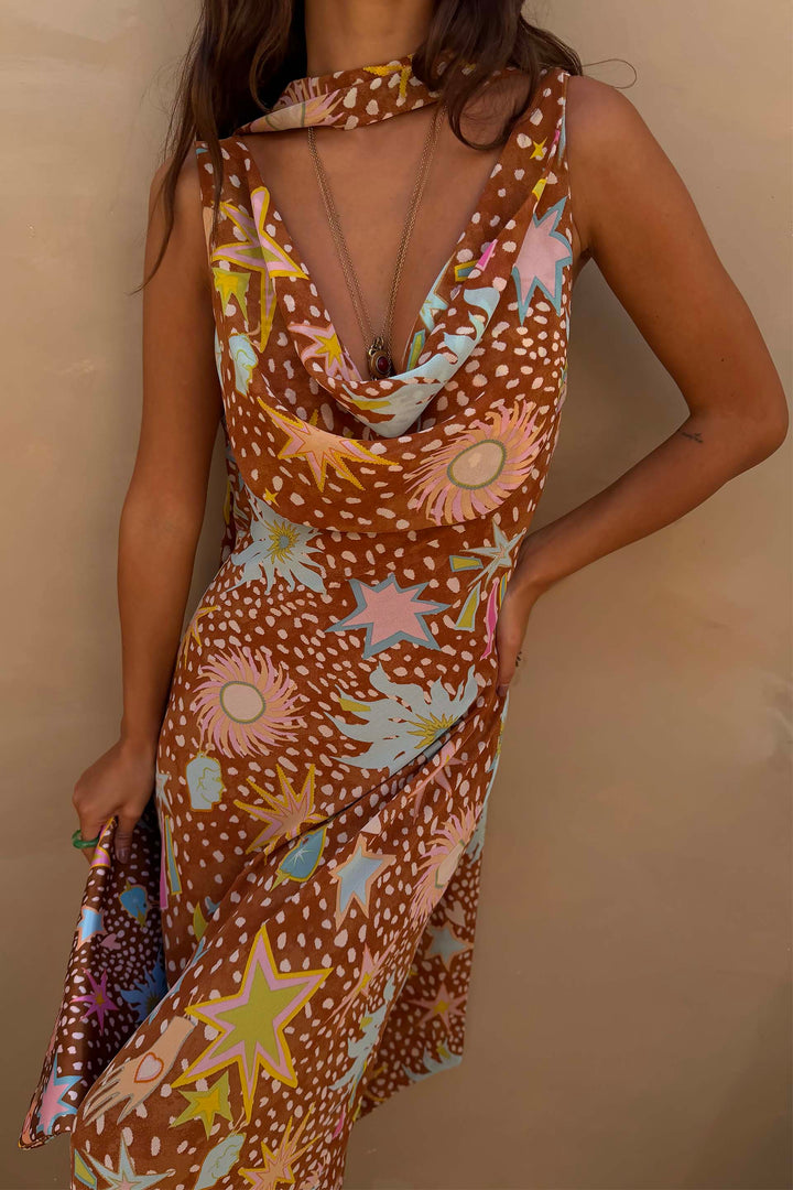 Brown fawn print women's cowl neck halter dress. Flowy maxi house dress, perfect for summer occasions.