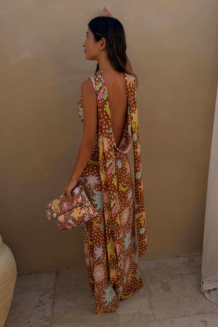 Low back fawn print halter maxi dress. Women's elegant cowl neck house dress, comfortable for summer.