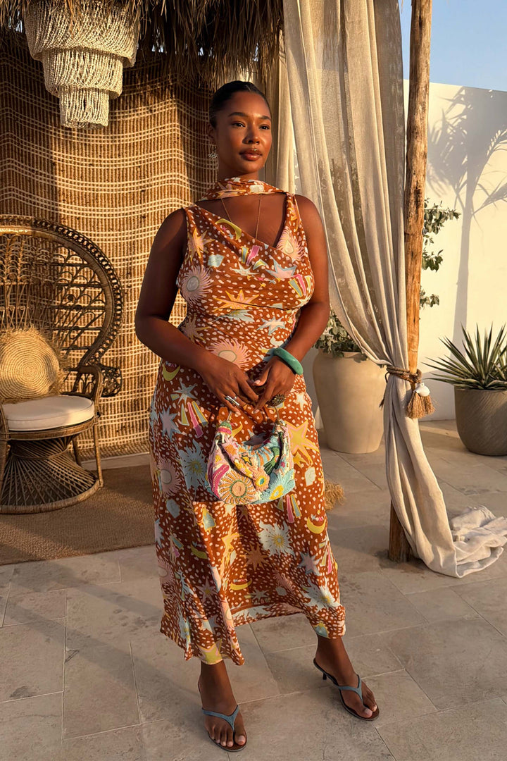 Comfortable women's fawn print house dress. Cowl neck halter maxi, flowy and perfect for summer vacation.