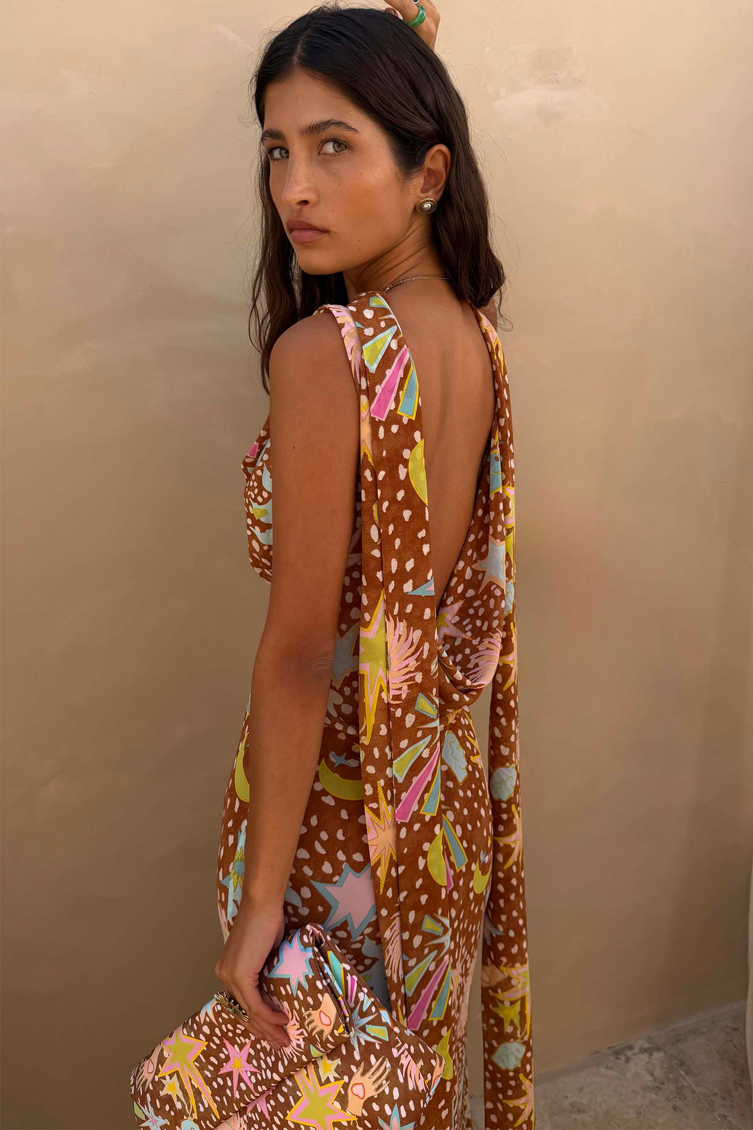 Versatile fawn print resort wear. Women's elegant cowl neck halter maxi dress, a stylish summer house dress.