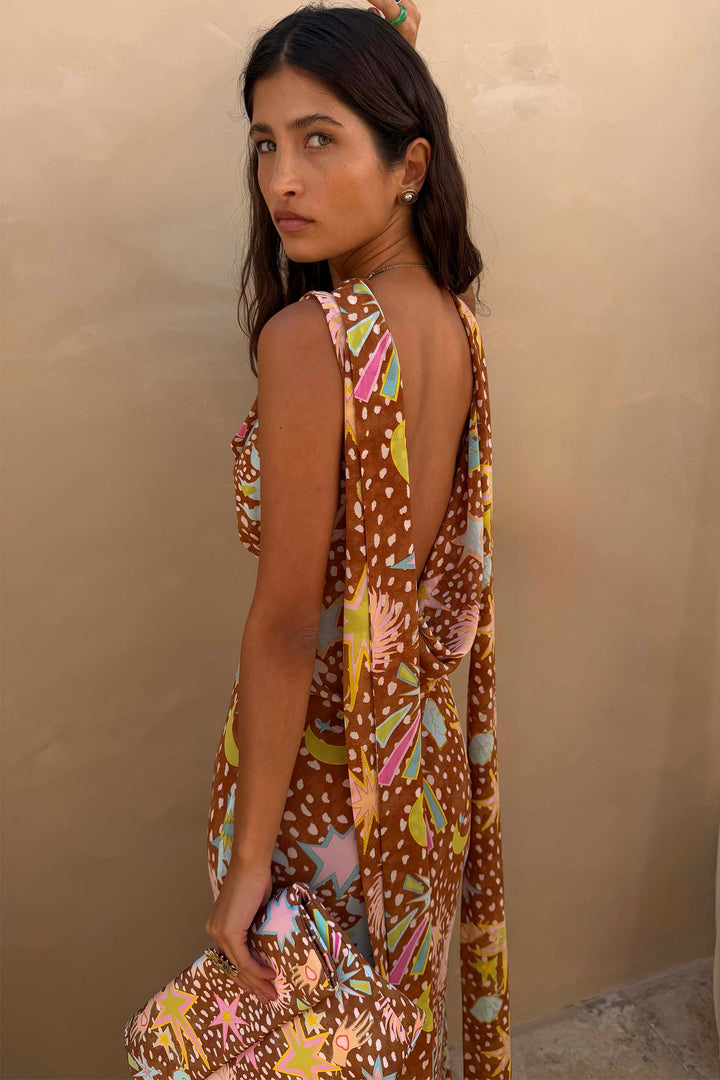 Versatile fawn print resort wear. Women's elegant cowl neck halter maxi dress, a stylish summer house dress.