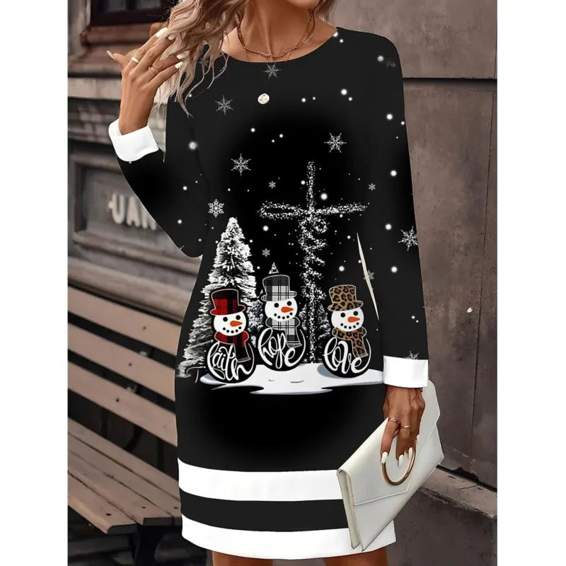 Women's festive Christmas sweater dress with snowman print for holiday season