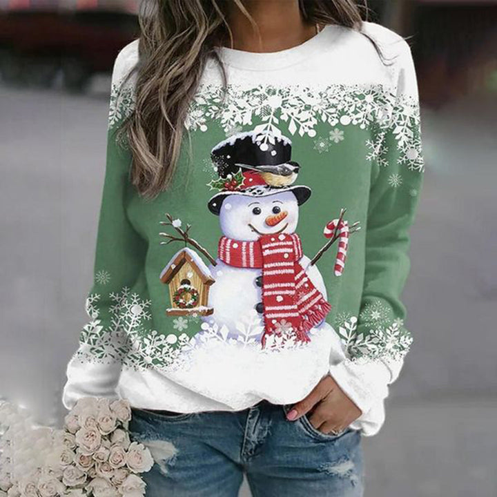 Women's festive Christmas sweater with a jolly snowman motif, perfect for holiday fashion.