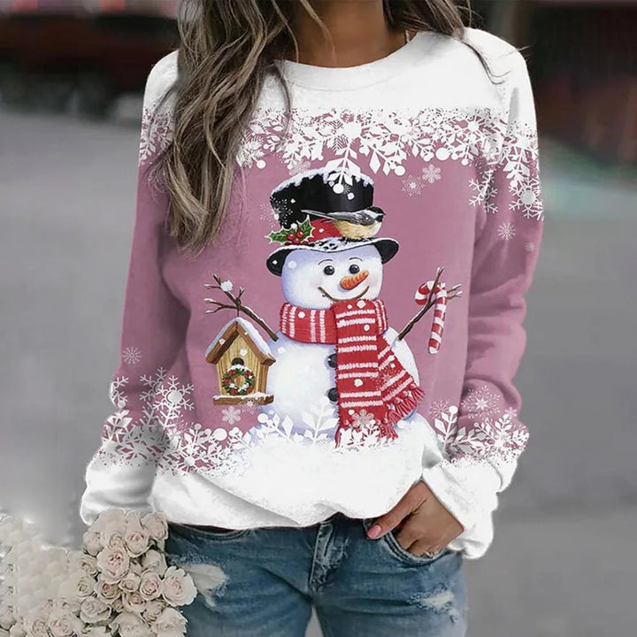 Holiday fashion: Women's casual Christmas sweater with a prominent snowman design.