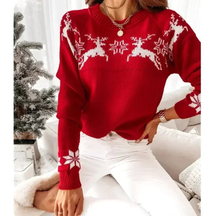 Cozy warm women's Christmas knit sweater in a festive pattern, ideal for holiday gatherings & seasonal comfort.