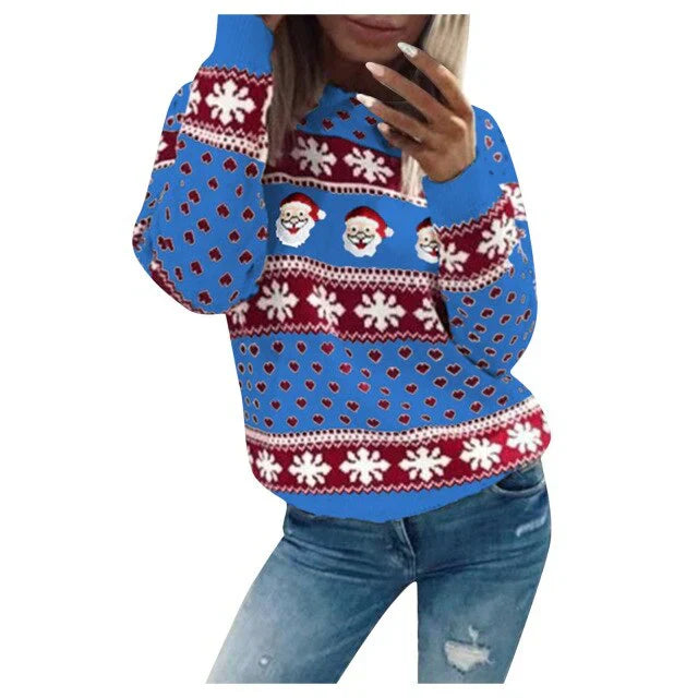 Women's festive red Christmas sweater with Santa and snowflake pattern, ideal for holiday parties.