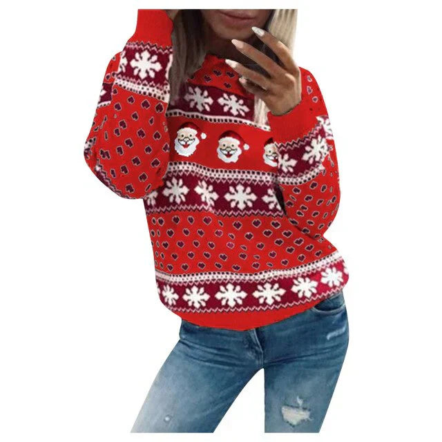 Cozy women's long-sleeve knitwear, a red Christmas sweater featuring Santa and snowflakes motif.