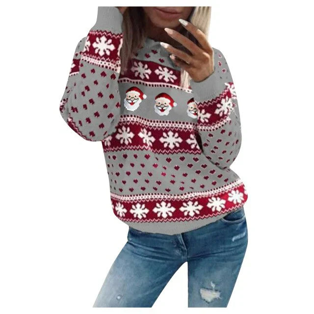 Holiday-themed red sweater for women, perfect for winter fashion, with festive Santa and snowflake design.