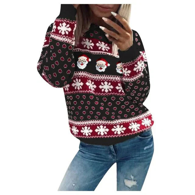 Festive red Santa and snowflake Christmas sweater for women, a cozy and stylish holiday knitwear choice.
