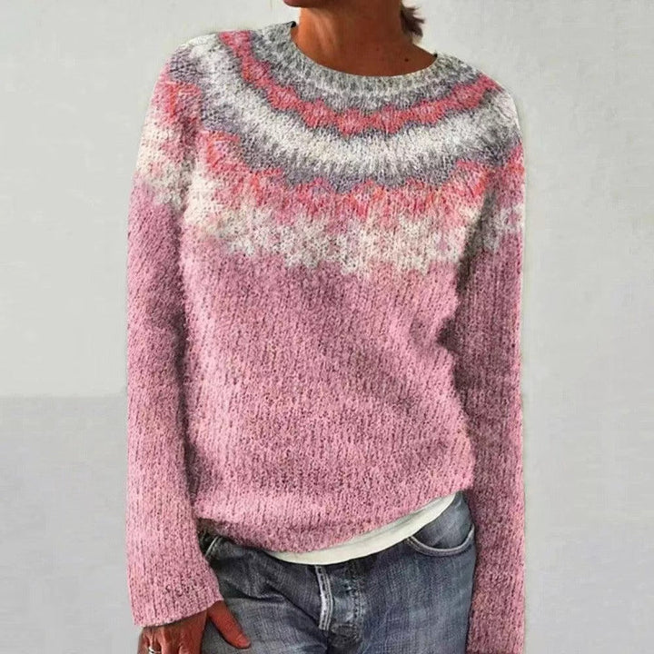 Winter wear: Women's festive red reindeer knit sweater, a comfortable and stylish holiday fashion statement.