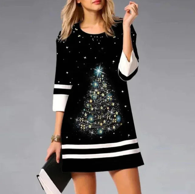 Stylish women's party reindeer print holiday dress, perfect for festive Christmas gatherings