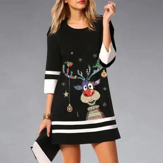 Full shot of a women's casual reindeer print Christmas holiday dress for winter celebrations