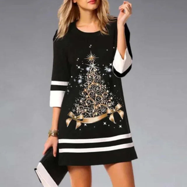 Vibrant women's holiday dress with playful reindeer print, ideal for Christmas party attire