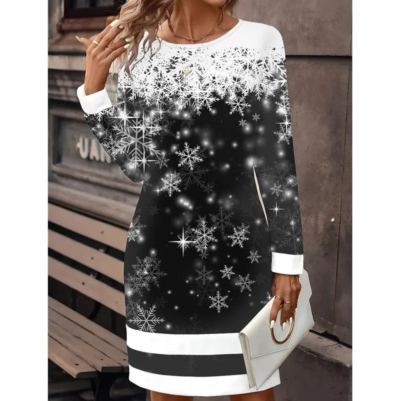 Snowman print women's sweater dress, perfect for holiday parties, comfortable winter fashion