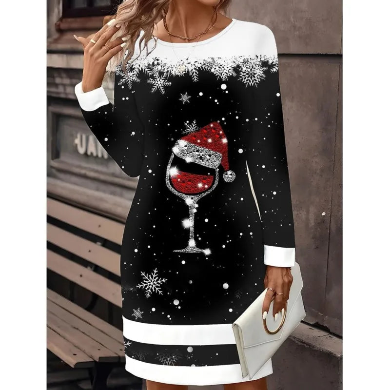 Long sleeve women's Christmas dress with playful snowman design, cozy festive wear