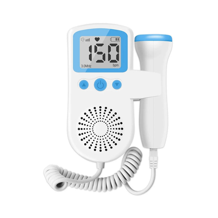 Digital display on a fetal heartbeat doppler monitor, showing real-time baby heart rate for prenatal home use.