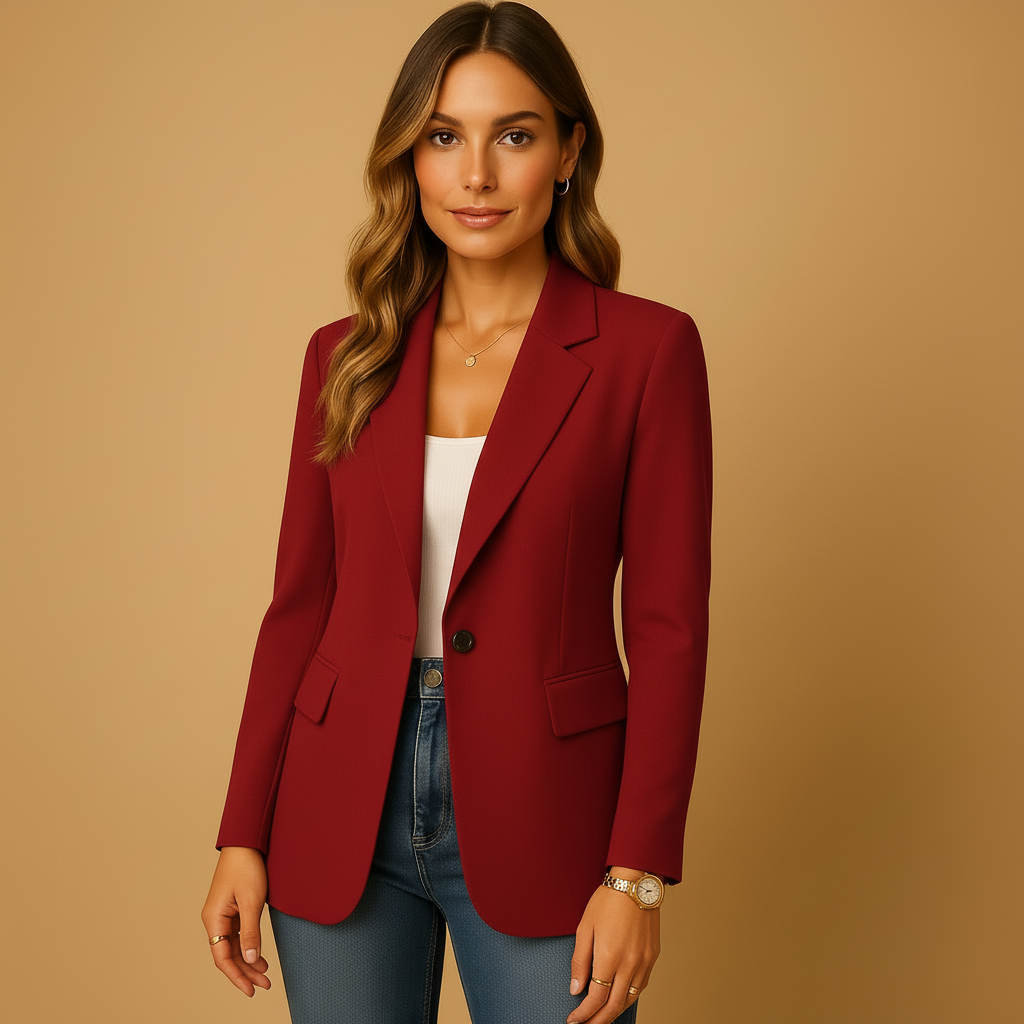Close-up of a women's fitted blazer jacket, showcasing quality fabric and tailored details